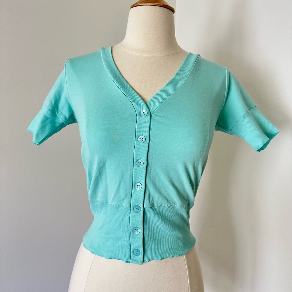 Now By Stefanel Women’s Blue Cotton Short Sleeves Button Down Stretch Top XS